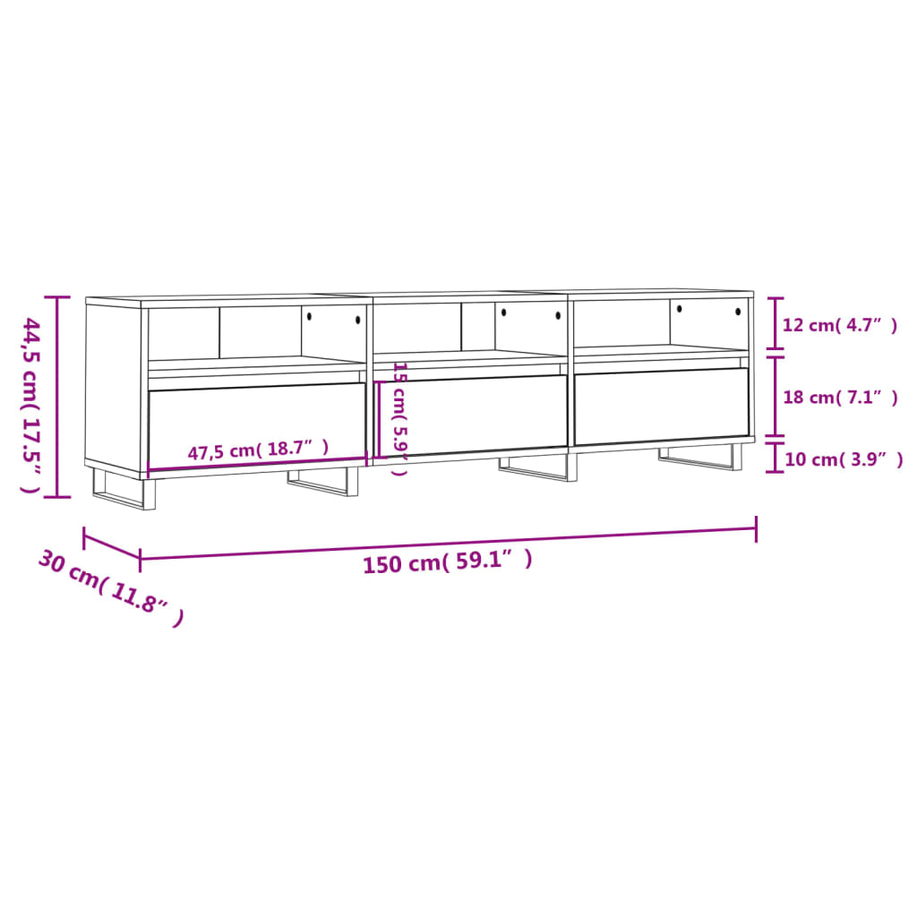 Betonszürke szerelt fa TV-szekrény 150x30x44,5 cm 
