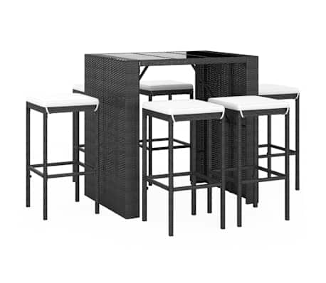 vidaXL 7-tlg. Gartenbar-Set mit Kissen Schwarz Poly Rattan