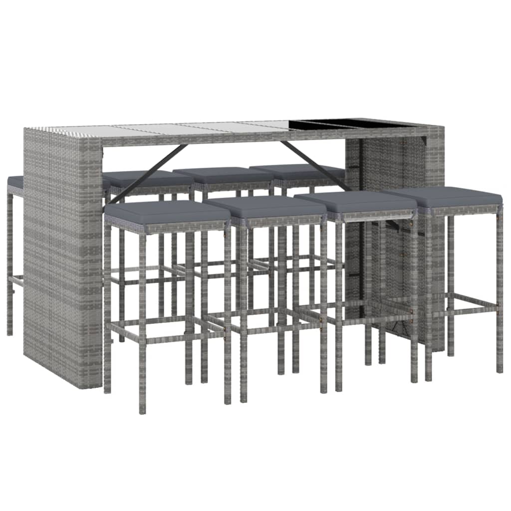 vidaXL 9 részes szürke polyrattan kerti bárszett párnával