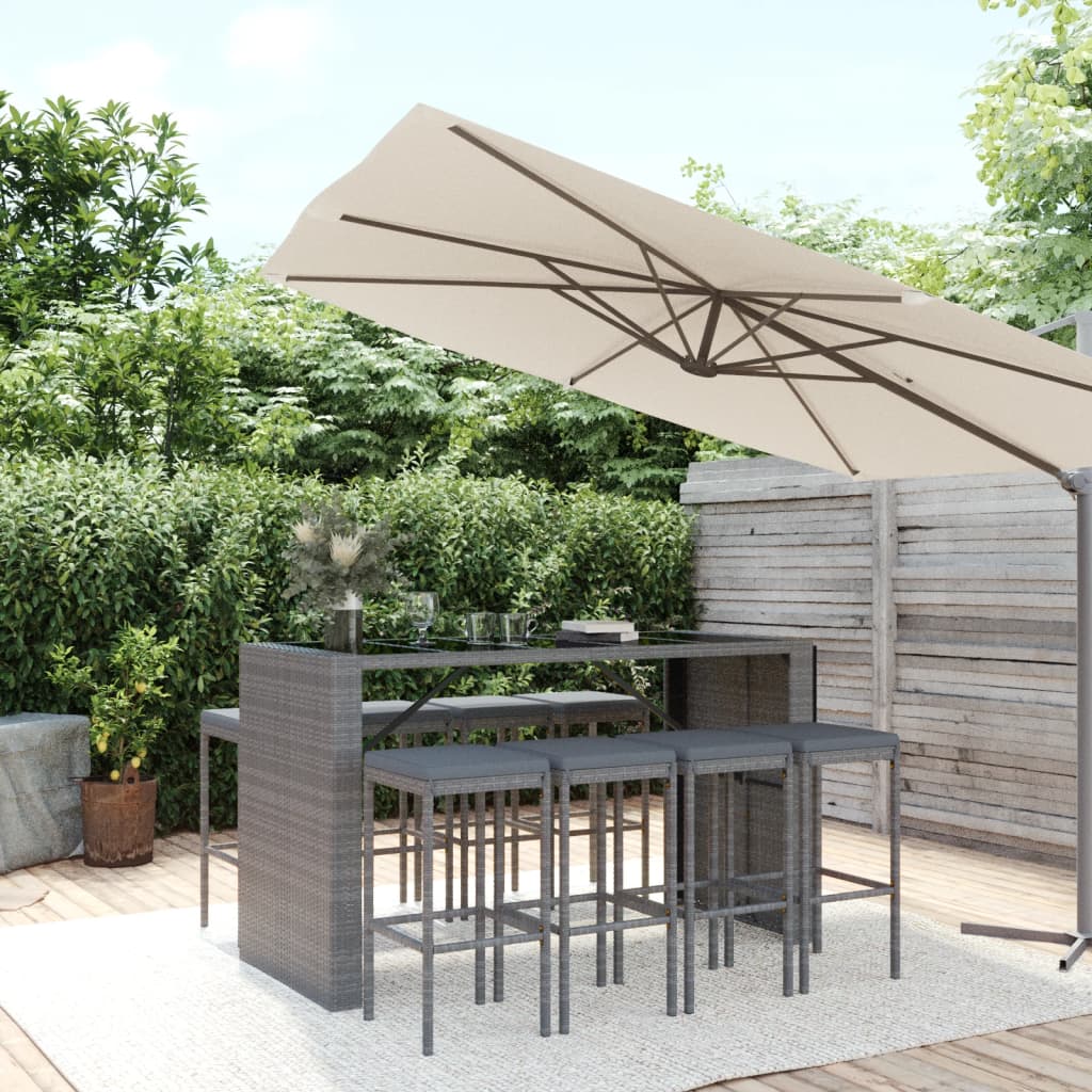 vidaXL 9-tlg. Gartenbar-Set mit Kissen Grau Poly Rattan