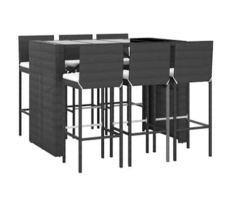 vidaXL 7-tlg. Gartenbar-Set mit Kissen Schwarz Poly Rattan