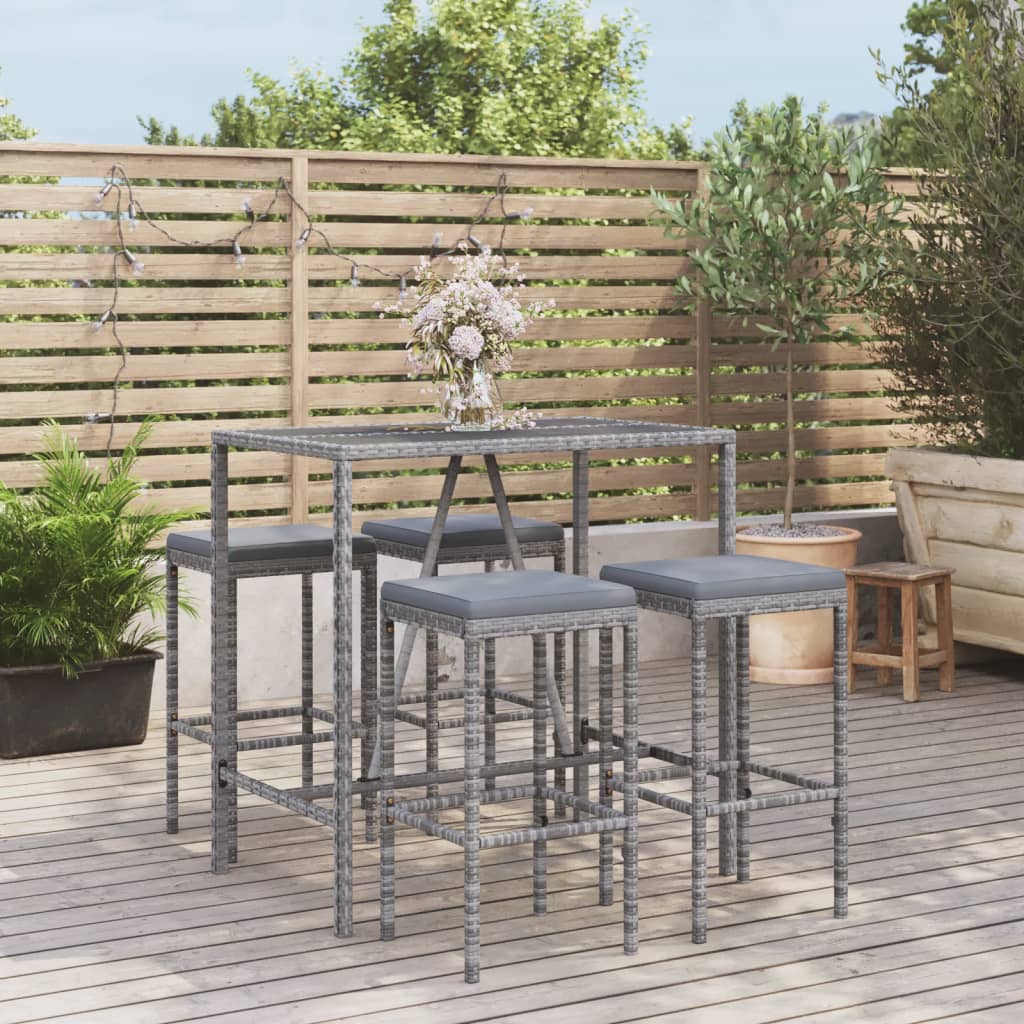 vida XL 5-tlg. Gartenbar-Set mit Kissen Grau Poly Rattan