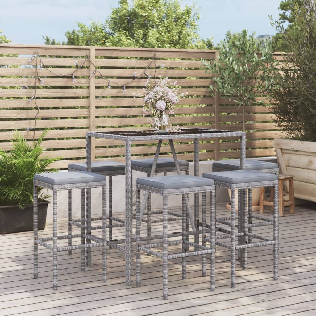 vida XL 7-tlg. Gartenbar-Set mit Kissen Grau Poly Rattan