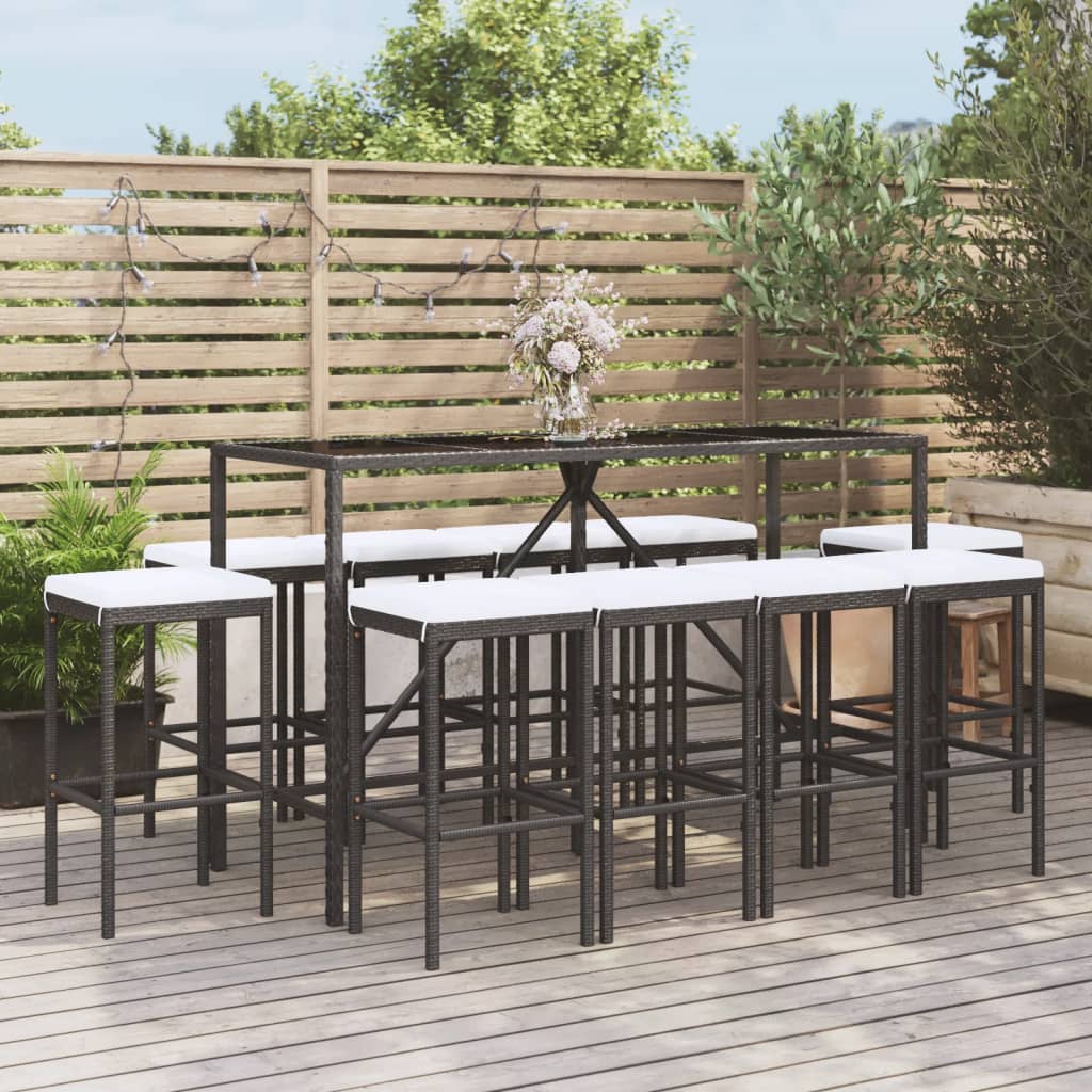 vidaXL 11-tlg. Gartenbar-Set mit Kissen Schwarz Poly Rattan