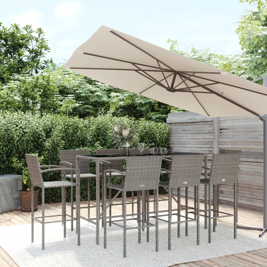 vidaXL Set mobilier bar de grădină, 9 piese, gri, poliratan