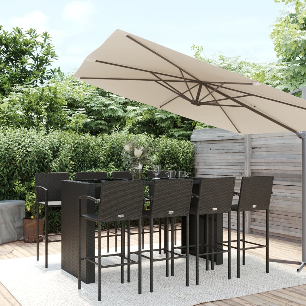vidaXL Set mobilier bar de grădină, 9 piese, negru, poliratan