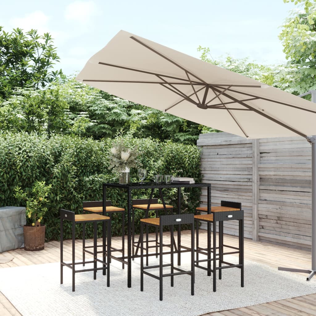 Ensemble de bar jardin 7 pcs noir poly rotin/bois massif acacia