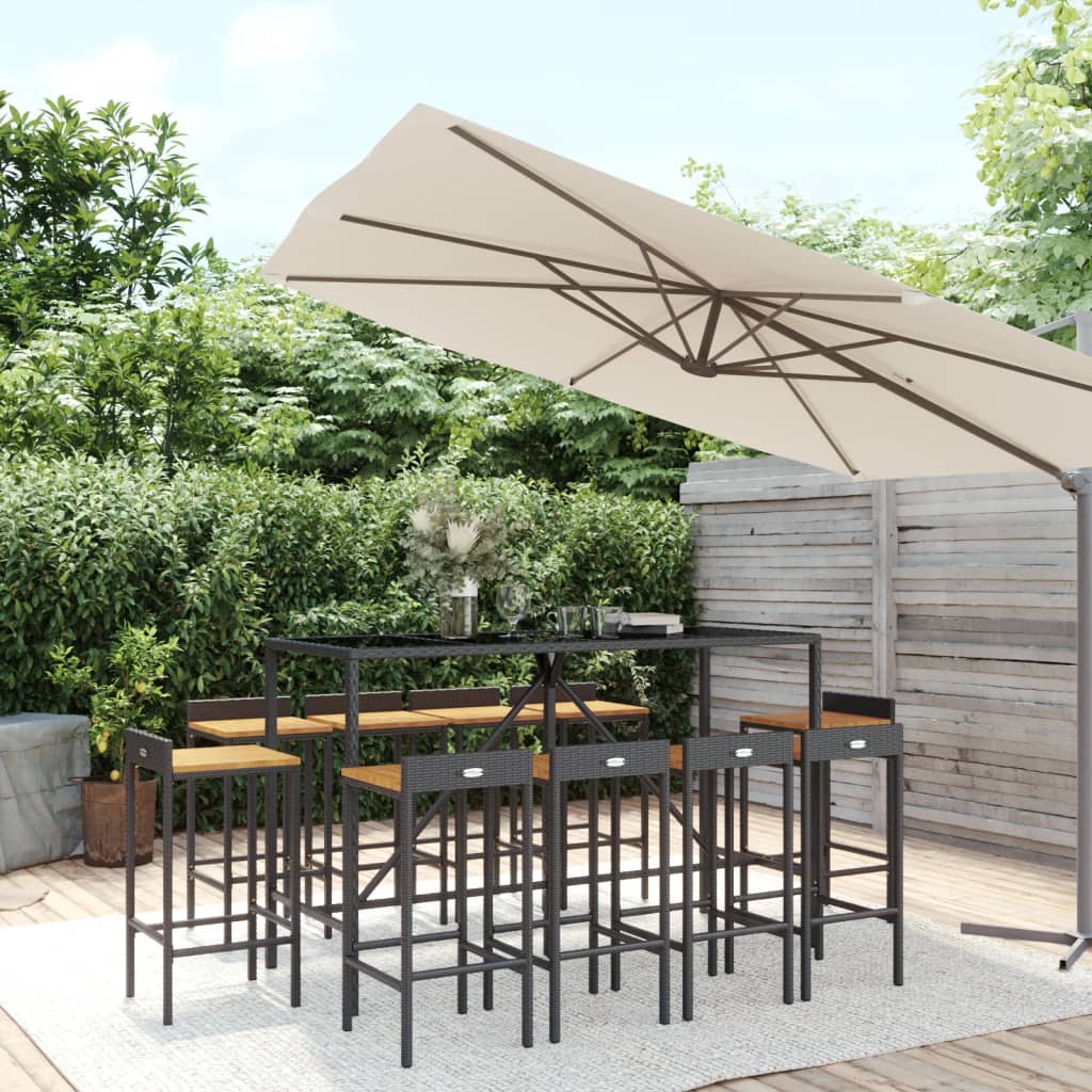 vida XL 11-tlg. Gartenbar-Set Schwarz Poly Rattan & Massivholz Akazie