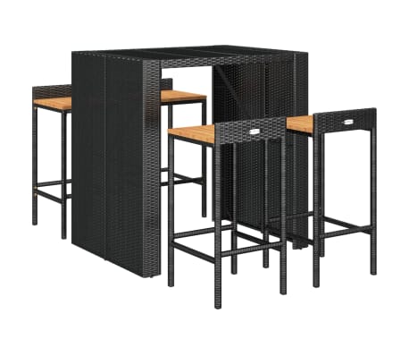vidaXL Mesa bar y taburetes jard&iacute;n 5 pzas madera acacia rat&aacute;n PE negro