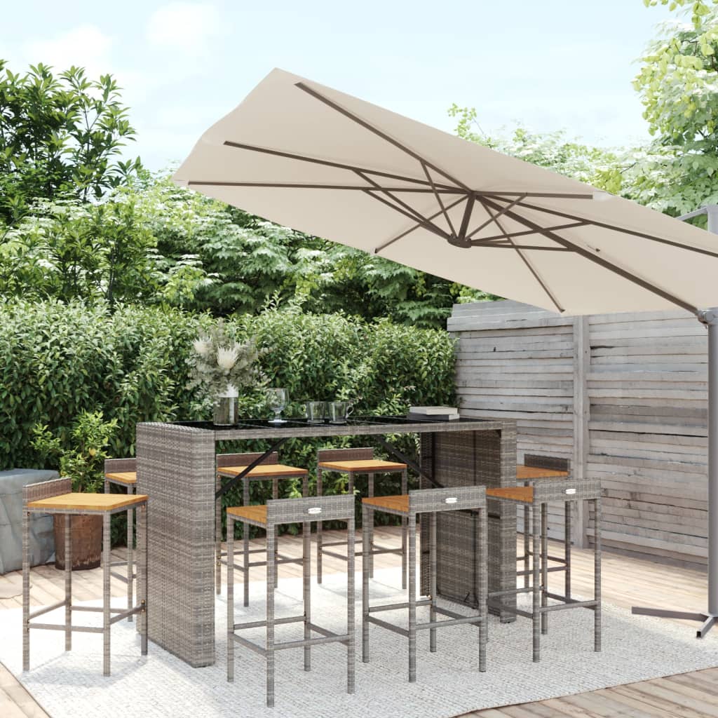 vida XL 9-tlg. Gartenbar-Set Grau Poly Rattan & Massivholz Akazie