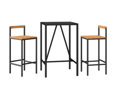 vidaXL 3-delige Tuinbarset poly rattan en massief acaciahout zwart