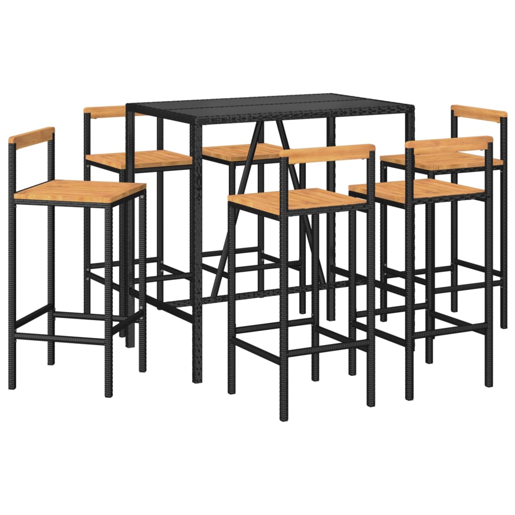 vidaXL 7 részes fekete polyrattan és tömör akácfa kerti bárszett