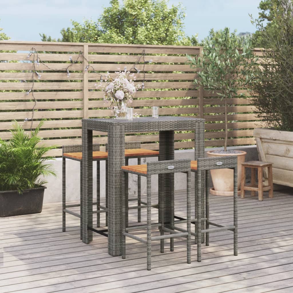 vida XL 5-tlg. Gartenbar-Set Grau Poly Rattan & Massivholz Akazie