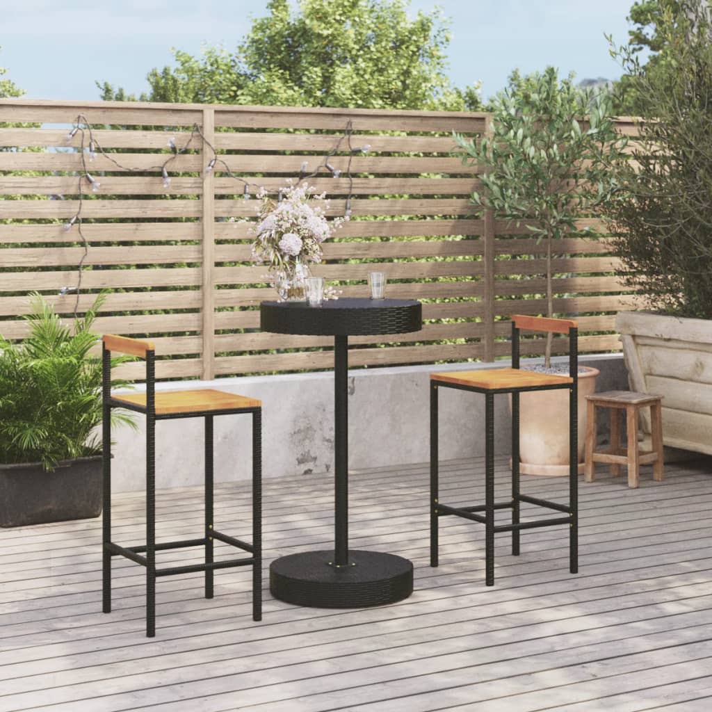 vidaXL Ensemble de bar jardin 3 pcs noir poly rotin/bois massif acacia