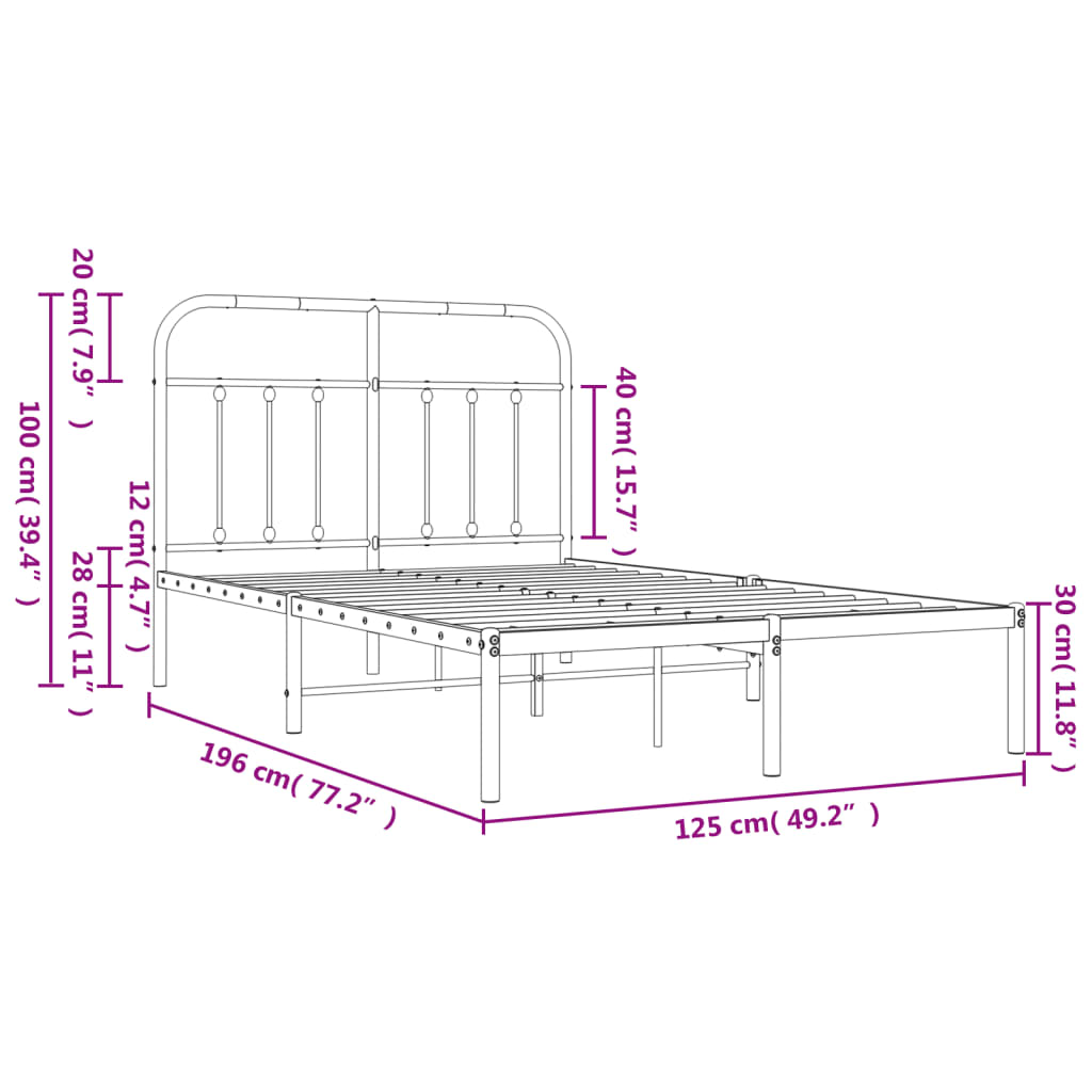 Metalni okvir za krevet s uzglavljem crni 120x190 cm