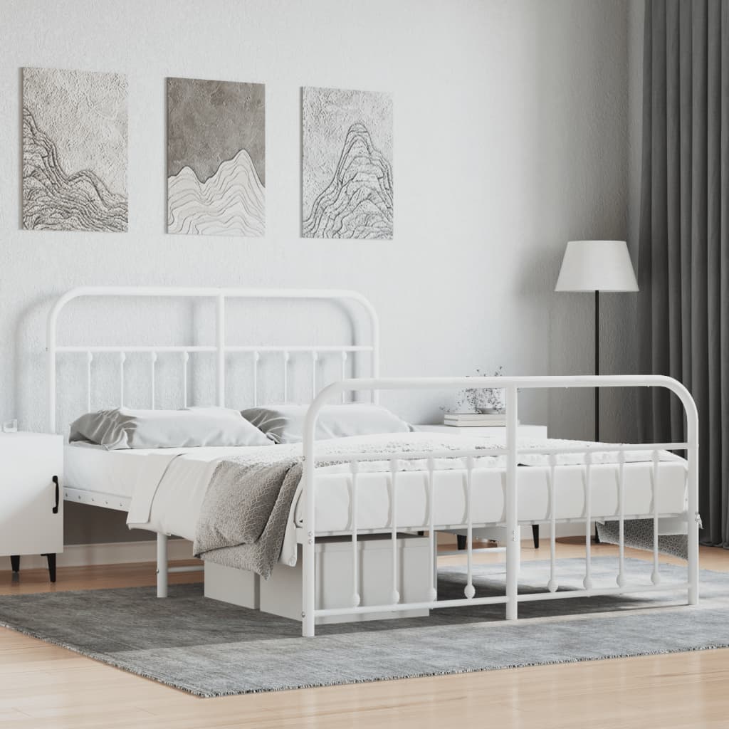 Kovový rám postele s hlavovým a nožním čelem bílý 135 x 190 cm