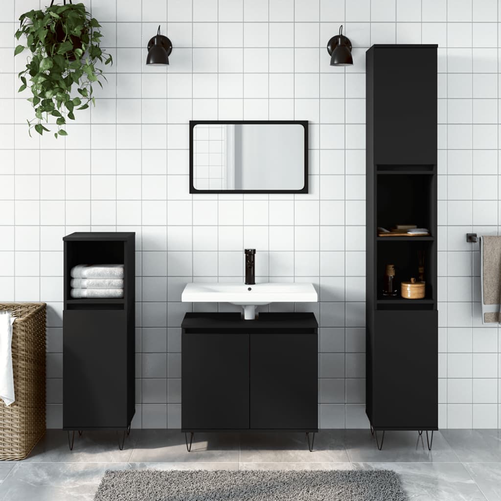 3dílný set koupelnových skříněk černý kompozitní dřevo
