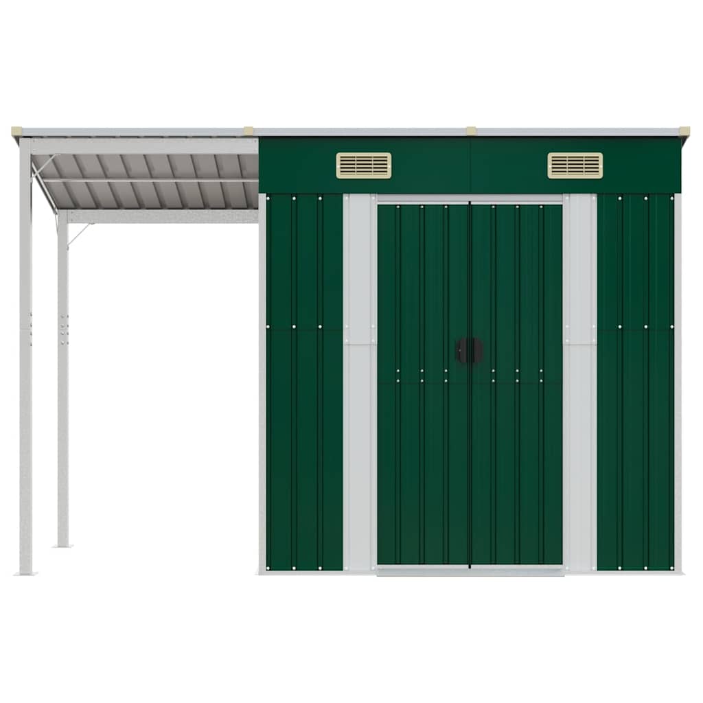 vidaXL Tuinschuur met verlengd dak 277x110,5x181 cm staal groen afbeelding