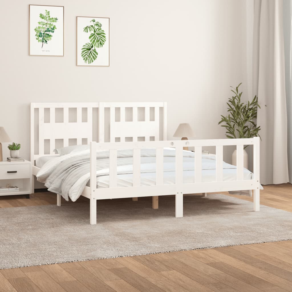 vidaXL Cadru pat cu tăblie King Size, alb, 150x200 cm, lemn masiv pin