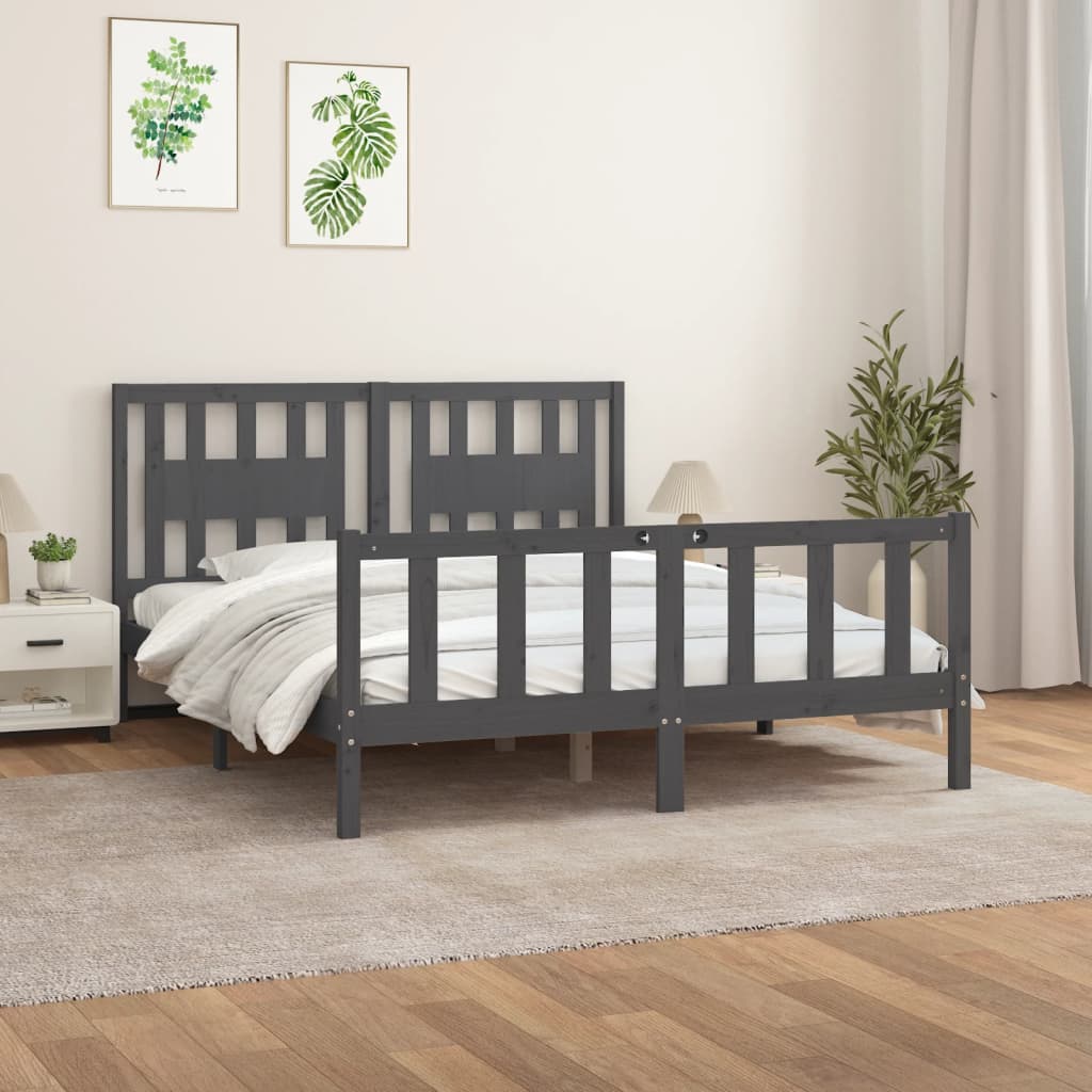 vidaXL Cadru pat cu tăblie King Size 5FT gri 150x200 cm lemn masiv pin