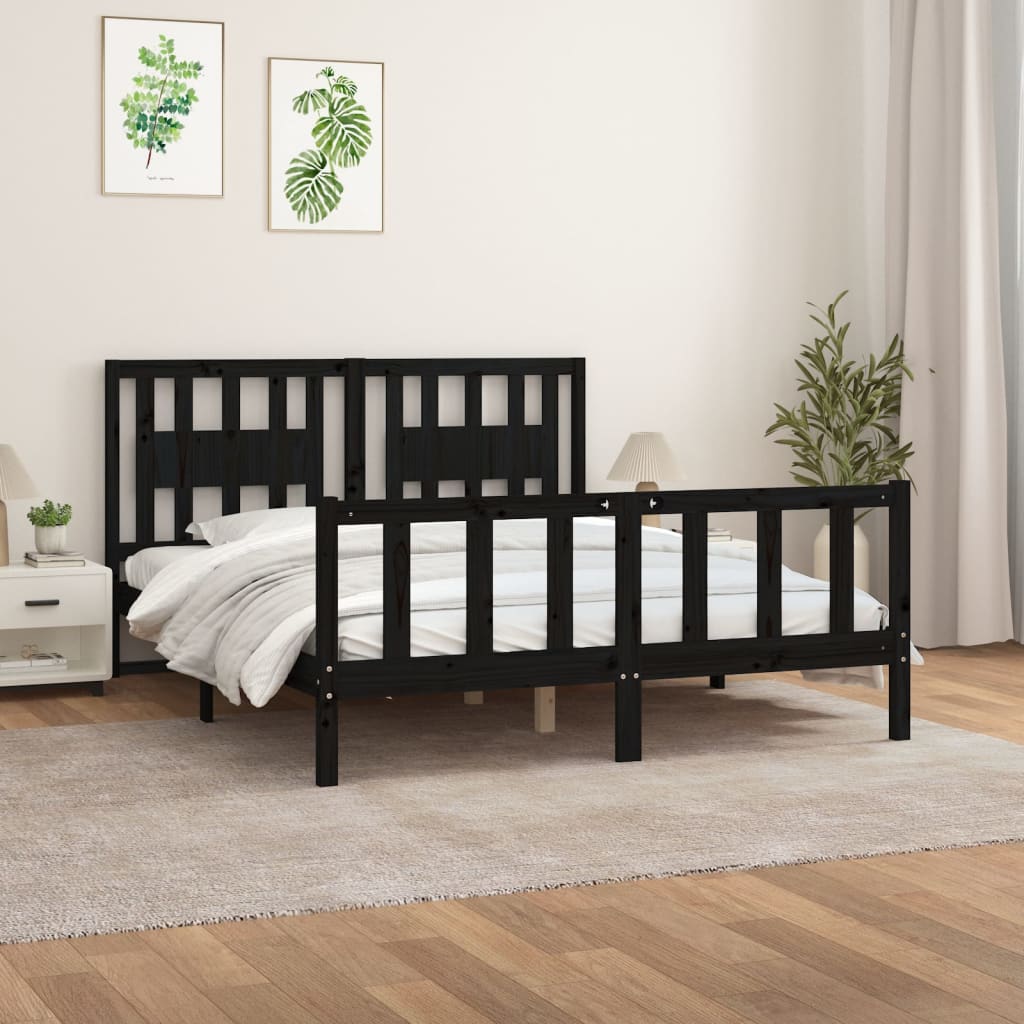 vidaXL Cadru pat tăblie King Size 5FT negru 150x200 cm, lemn masiv pin