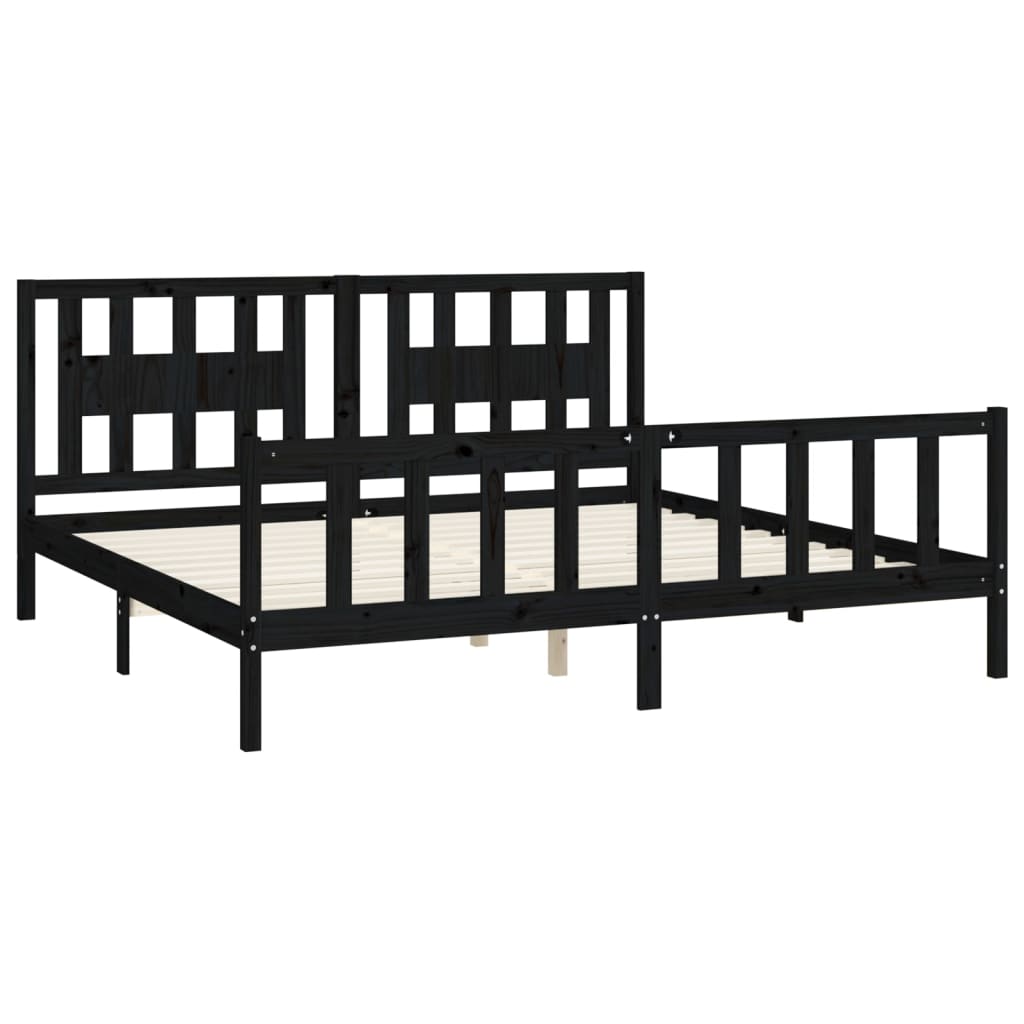 Cadru de pat cu tăblie, negru, 200x200 cm, lemn masiv de pin