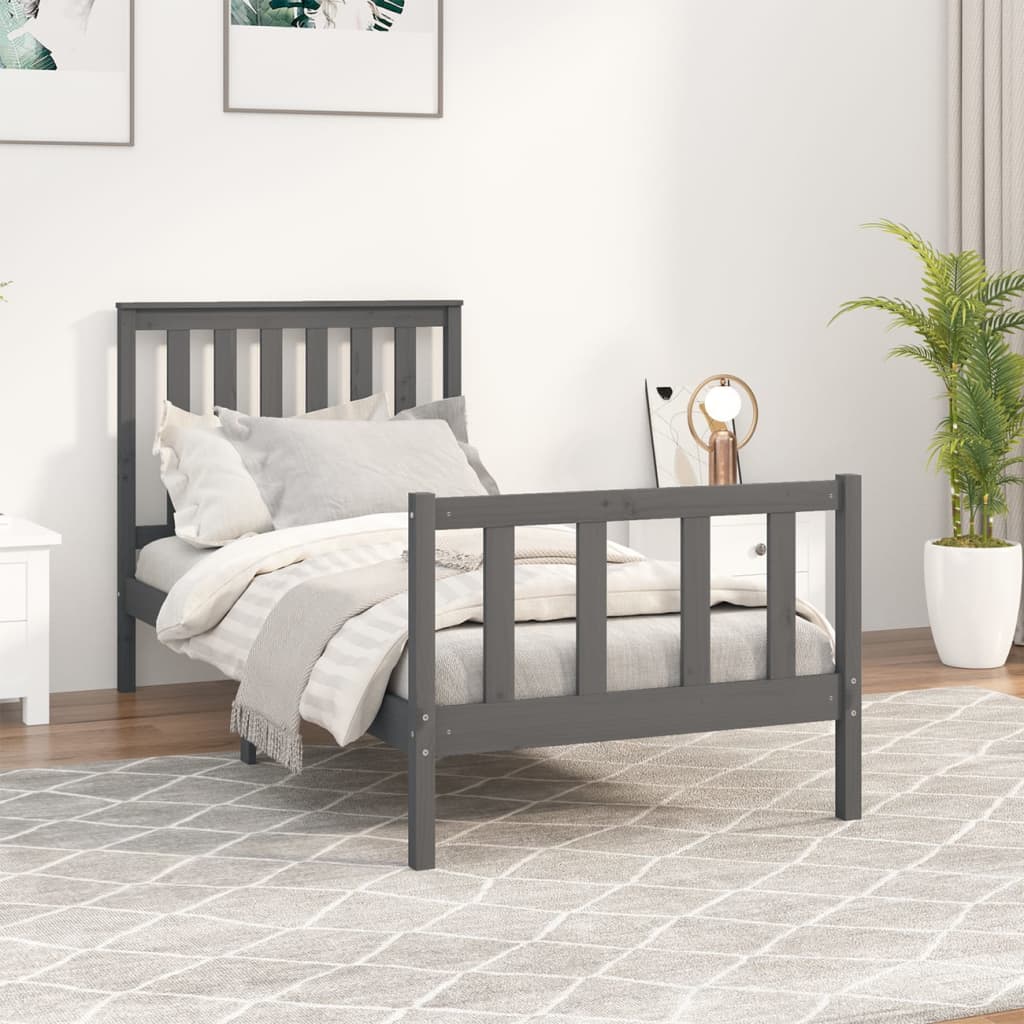 vidaXL Cadru de pat cu tăblie, gri, 90x200 cm, lemn masiv de pin
