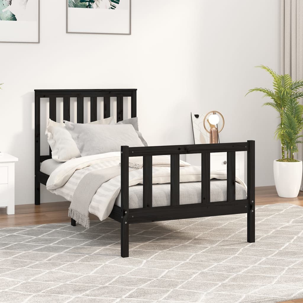 Cadru de pat cu tăblie, negru, 90x200 cm, lemn masiv de pin