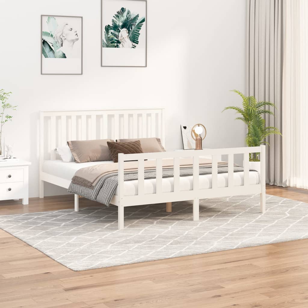vidaXL Cadru de pat cu tăblie King Size 5FT, alb, 150x200 cm, lemn pin