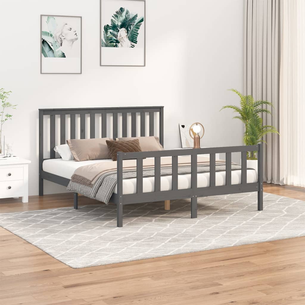 vidaXL Cadru de pat cu tăblie King Size, gri, 150x200 cm, lemn pin