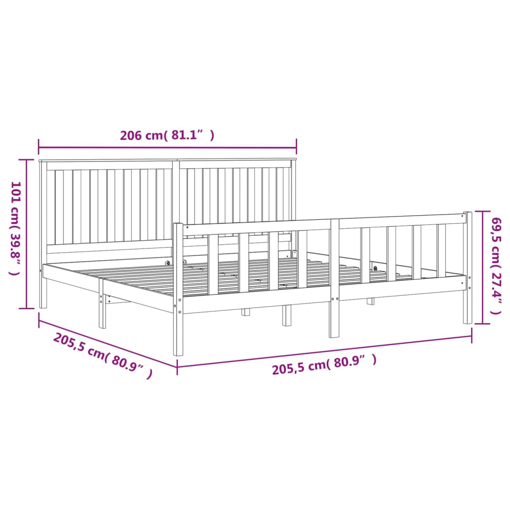 Okvir za krevet s uzglavljem sivi 200 x 200 cm masivna borovina