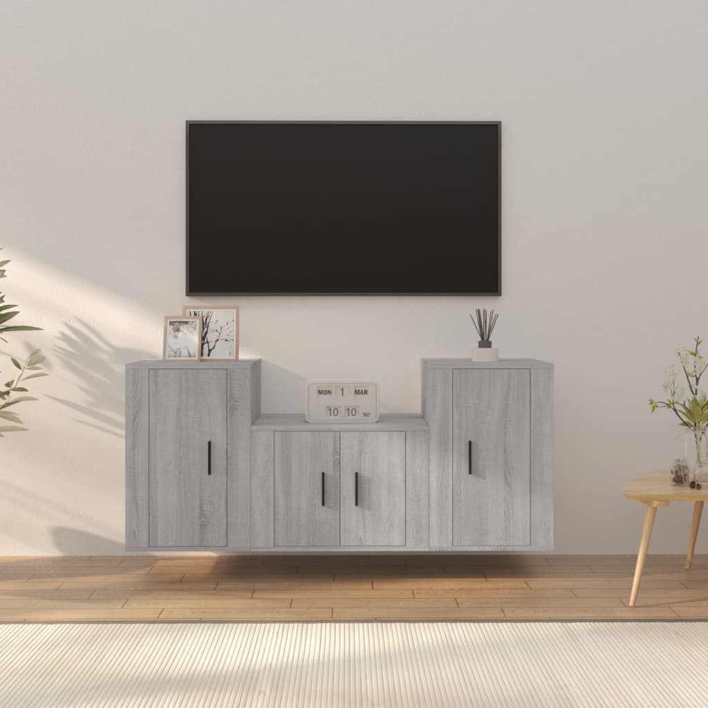 3 pz Set Mobili Porta TV，Mobili TV，Tavolino TV，Mobile da soggiorno Grigio  Sonoma in Legno Multistrato CNWI722208 MaisonChic