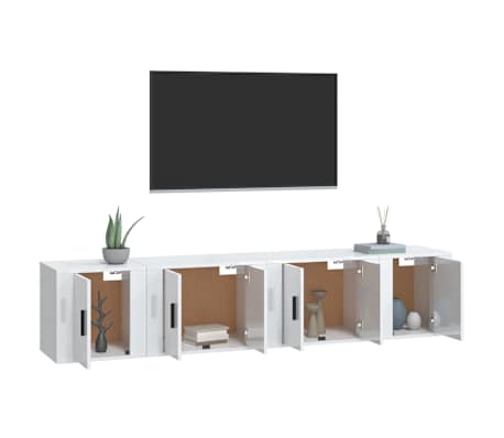 vidaXL TV spintelių komplektas, 4 dalių, baltas, mediena, blizgus