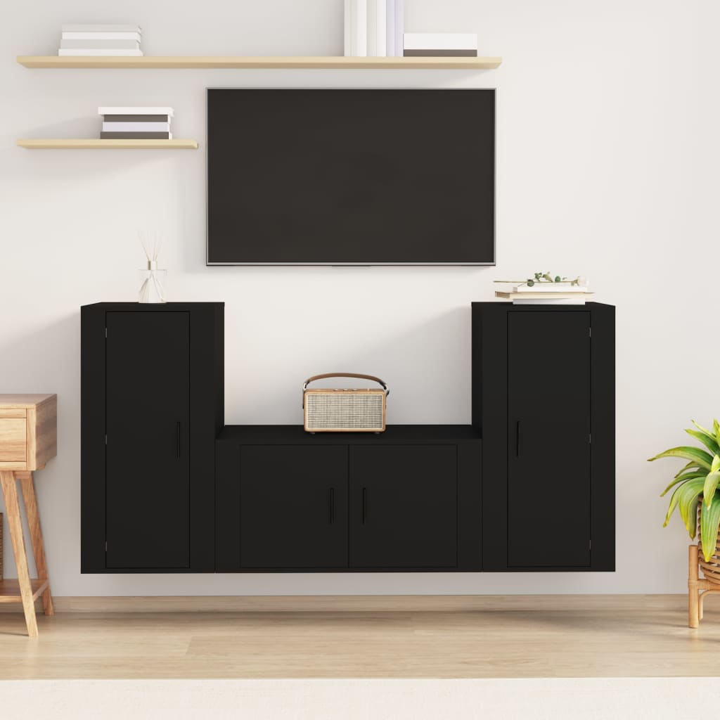 vida XL 3-tlg. TV-Schrank-Set Schwarz Holzwerkstoff