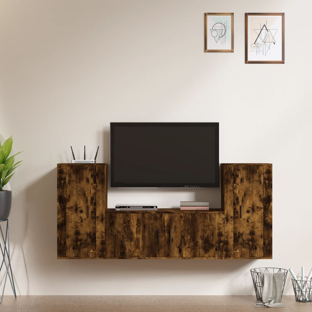 Set 3 Mobili Porta TV,Scandinavo,Tavolino TV Rovere Fumo in Legno  Multistrato -MC11275