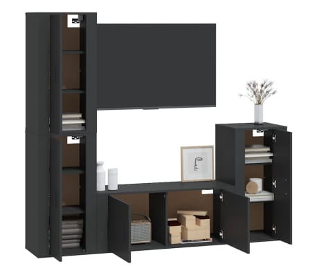 vidaXL Televizoriaus spintelių komplektas, 4 dalių, juodas, mediena