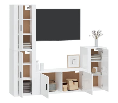 vidaXL TV spintelių komplektas, 4 dalių, baltas, mediena, blizgus