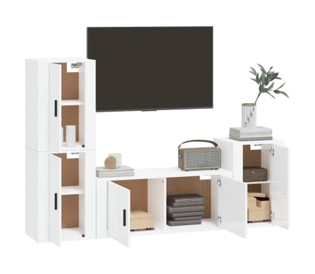 vidaXL TV spintelių komplektas, 4 dalių, baltas, mediena, blizgus