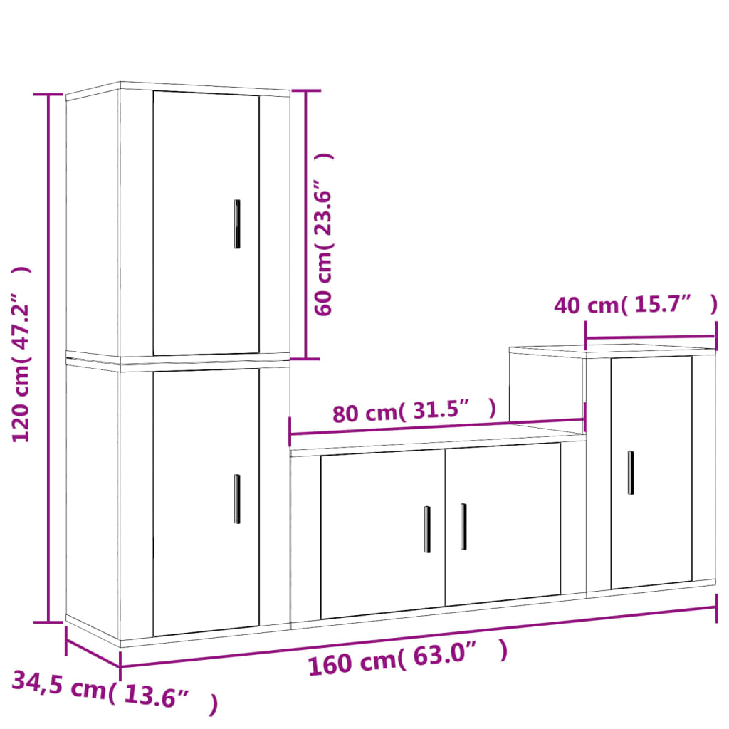 Set dulap TV, 4 piese, alb extralucios, lemn prelucrat