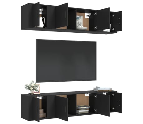 vidaXL Televizoriaus spintelių komplektas, 6 dalių, juodas, mediena