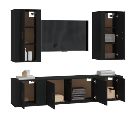 vidaXL Televizoriaus spintelių komplektas, 5 dalių, juodas, mediena