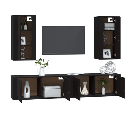vidaXL Televizoriaus spintelių komplektas, 4 dalių, juodas, mediena