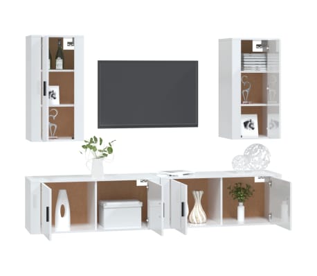 vidaXL TV spintelių komplektas, 4 dalių, baltas, mediena, blizgus