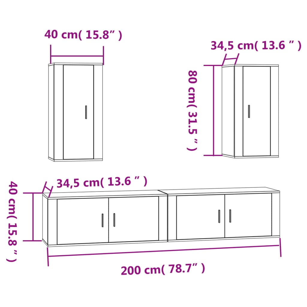 Set dulapuri TV, 4 piese, stejar maro, lemn prelucrat