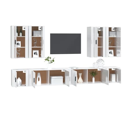 vidaXL TV spintelių komplektas, 8 dalių, baltas, mediena, blizgus