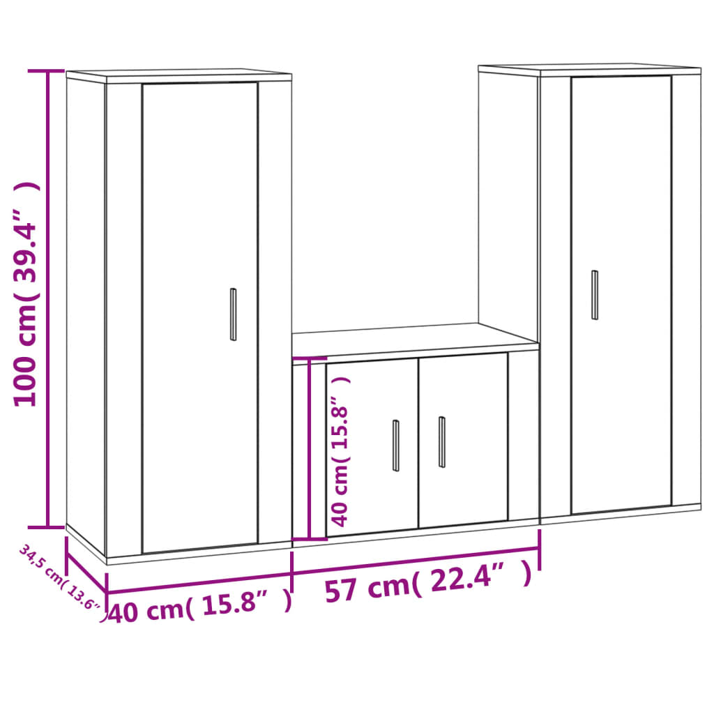 Zestaw szafek TV drewnopochodny, biały, 2x40x34,5x100cm, 1x57x34,5x40cm