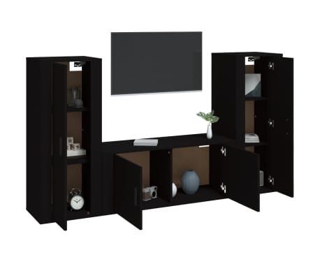 vidaXL Televizoriaus spintelių komplektas, 3 dalių, juodas, mediena