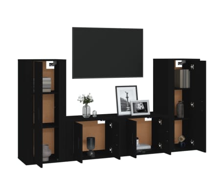 vidaXL Televizoriaus spintelių komplektas, 4 dalių, juodas, mediena