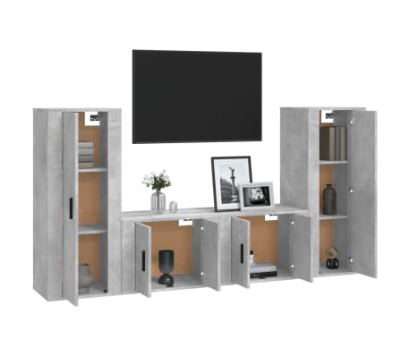 vidaXL TV spintelių komplektas, 4 dalių, betono pilkas, mediena