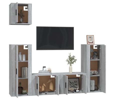 vidaXL TV spintelių komplektas, 5 dalių, pilkas ąžuolo, mediena